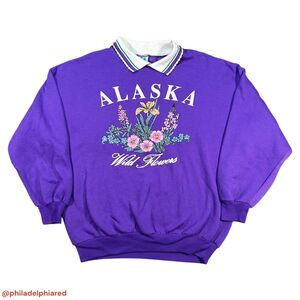 Vintage 1990's Alaska Wild Flowers collared sweatshirt womens Large